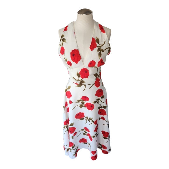 Stop Staring! White Halter Dress with Red Floral Print Size Small – Retro Pin-Up - Picture 2 of 9